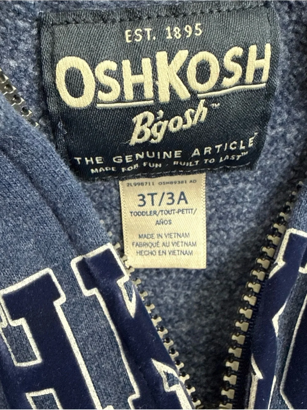 OshKosh B'Gosh Boys Size 3T/3A Full Zip Logo Blue Hoodie